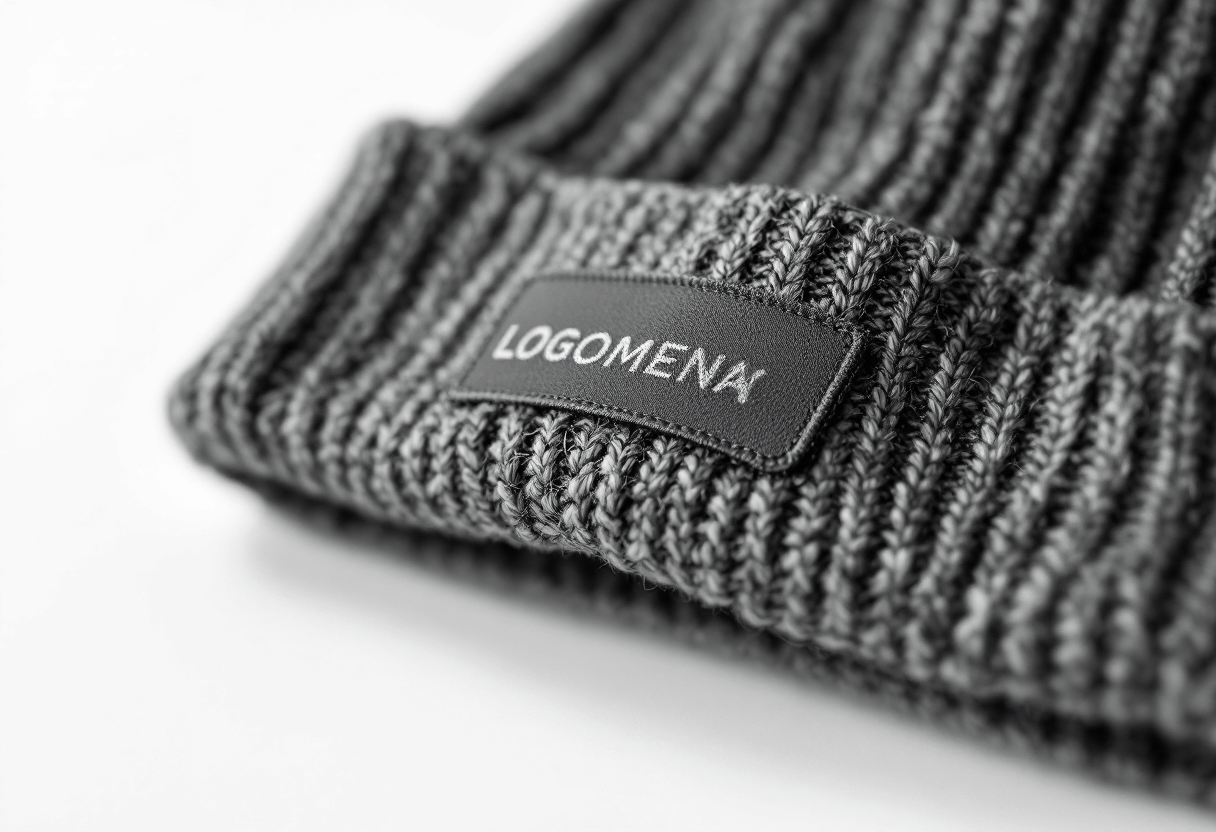 Gros plan sur le tricot d’un bonnet à logo brodé.
